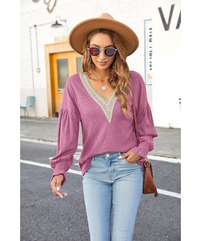 Women's 2023 Causal Balloon Long Sleeve Shirts Tops Dressy Lace V Neck Smocked Cuffs Loose Blouses Fuchsia $9.27 Blouses