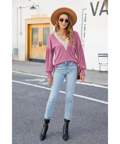 Women's 2023 Causal Balloon Long Sleeve Shirts Tops Dressy Lace V Neck Smocked Cuffs Loose Blouses Fuchsia $9.27 Blouses