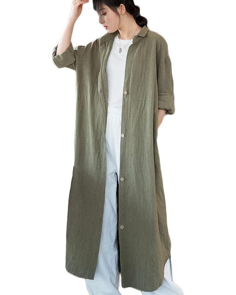 Women Casual Cotton Linen Lapel Shirt Trench Coats Lightweight Loose Button Up Pockets Long Maxi Shirt Jacket Shacket Army Gr...