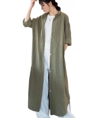 Women Casual Cotton Linen Lapel Shirt Trench Coats Lightweight Loose Button Up Pockets Long Maxi Shirt Jacket Shacket Army Gr...