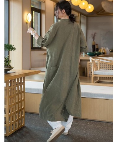 Women Casual Cotton Linen Lapel Shirt Trench Coats Lightweight Loose Button Up Pockets Long Maxi Shirt Jacket Shacket Army Gr...