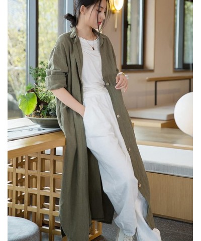 Women Casual Cotton Linen Lapel Shirt Trench Coats Lightweight Loose Button Up Pockets Long Maxi Shirt Jacket Shacket Army Gr...