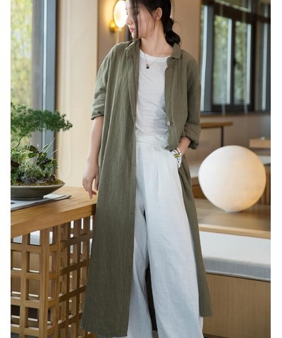 Women Casual Cotton Linen Lapel Shirt Trench Coats Lightweight Loose Button Up Pockets Long Maxi Shirt Jacket Shacket Army Gr...