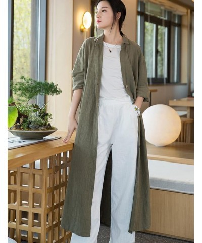 Women Casual Cotton Linen Lapel Shirt Trench Coats Lightweight Loose Button Up Pockets Long Maxi Shirt Jacket Shacket Army Gr...