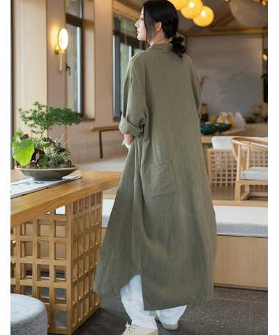 Women Casual Cotton Linen Lapel Shirt Trench Coats Lightweight Loose Button Up Pockets Long Maxi Shirt Jacket Shacket Army Gr...