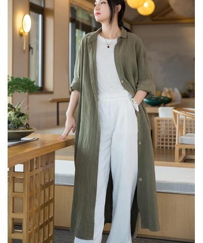 Women Casual Cotton Linen Lapel Shirt Trench Coats Lightweight Loose Button Up Pockets Long Maxi Shirt Jacket Shacket Army Gr...