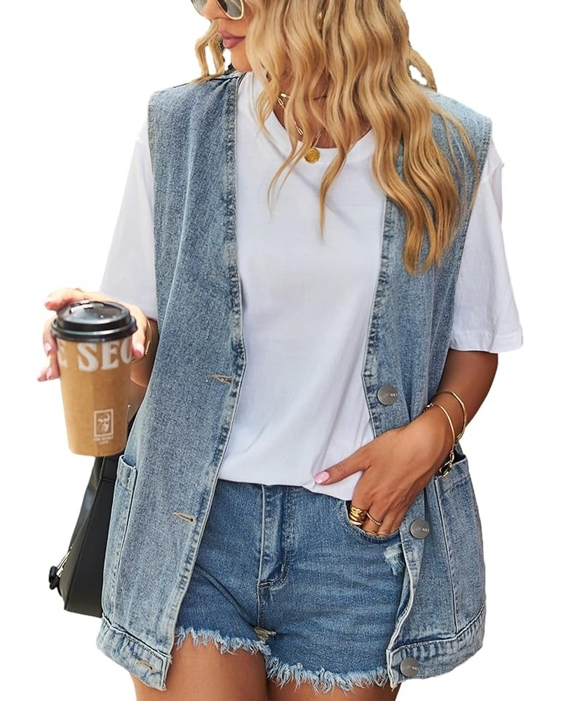 Womens Oversized Sleeveless Jean Denim Jacket Button Down Vest Top for Women Summer Waistcoat Jeans Vests Tops Light Blue $19...