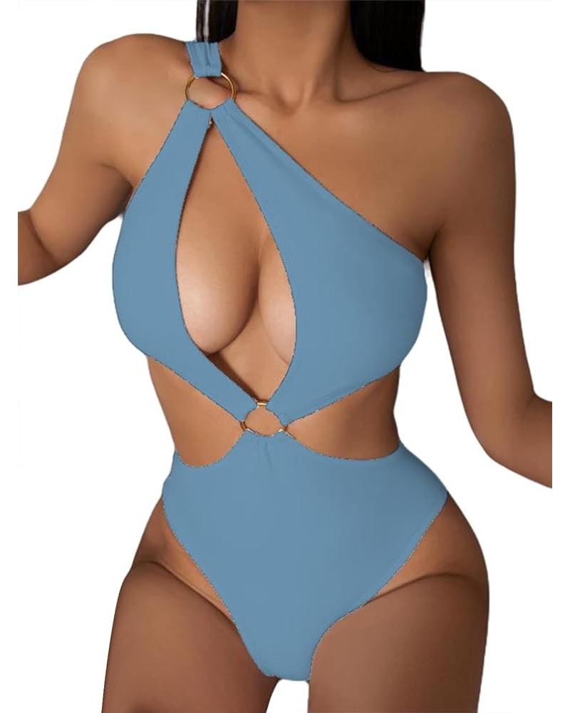 Women's O-Ring Cutout Halter One Piece Swimsuit High Cut Bathing Suit Light Blue $17.86 Swimsuits