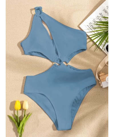 Women's O-Ring Cutout Halter One Piece Swimsuit High Cut Bathing Suit Light Blue $17.86 Swimsuits