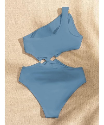 Women's O-Ring Cutout Halter One Piece Swimsuit High Cut Bathing Suit Light Blue $17.86 Swimsuits