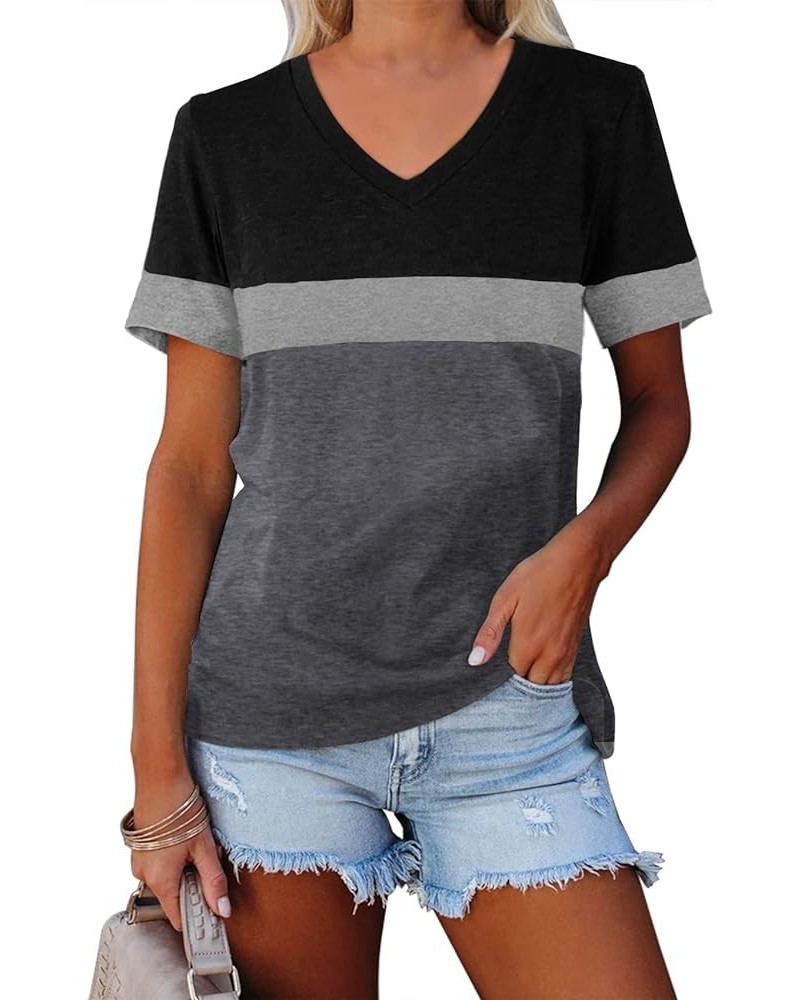 Womens Summer Tops 2023 Casual V Neck Shirts Trendy Short Sleeve Shirts Fashion Clothes Loose Fit Basic Tees D-black Grey $8....