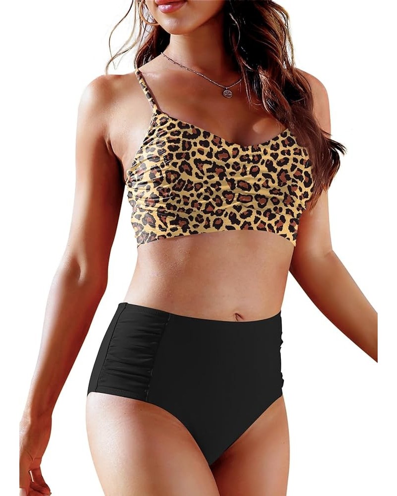 Women's Two Piece Swimsuits High Waist Retro Vintage Bikini Swimwear Ruched Tummy Control Bathing Suit Plus Size Leopard Prin...