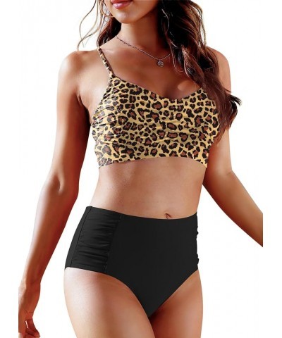 Women's Two Piece Swimsuits High Waist Retro Vintage Bikini Swimwear Ruched Tummy Control Bathing Suit Plus Size Leopard Prin...