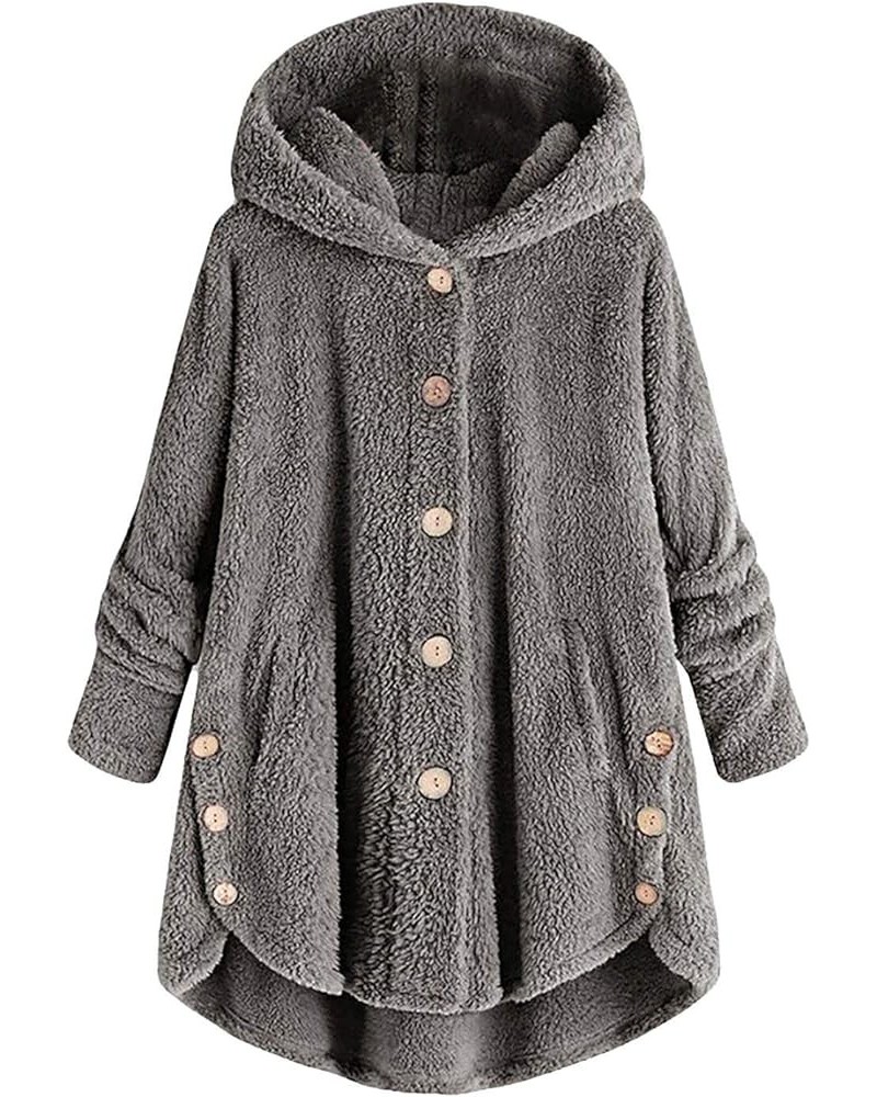 Women's Winter Coats Plus Size Oversized Sherpa Jacket with Hood Pockets Buttons Fall Jacket Warm Clothes Outerwear B-03-dark...