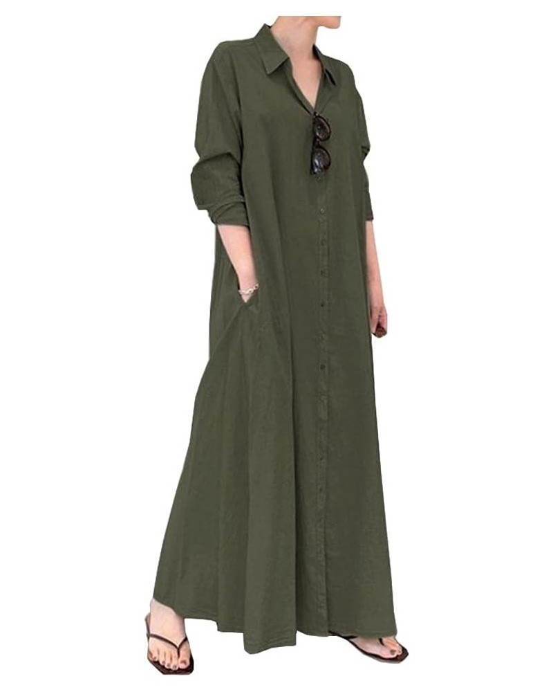 Cotton Linen Tunic Dress for Women Summer Button Down Roll Sleeve Casual Loose Long Blouse Maxi Dresses with Pockets Green $1...