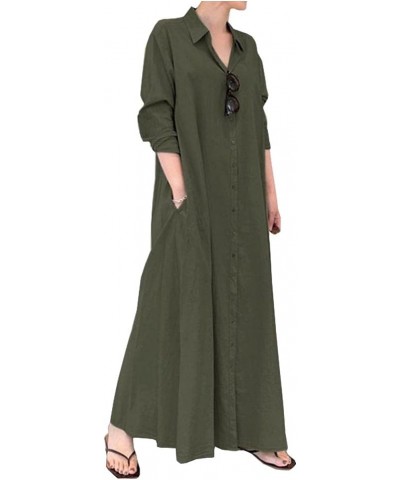 Cotton Linen Tunic Dress for Women Summer Button Down Roll Sleeve Casual Loose Long Blouse Maxi Dresses with Pockets Green $1...