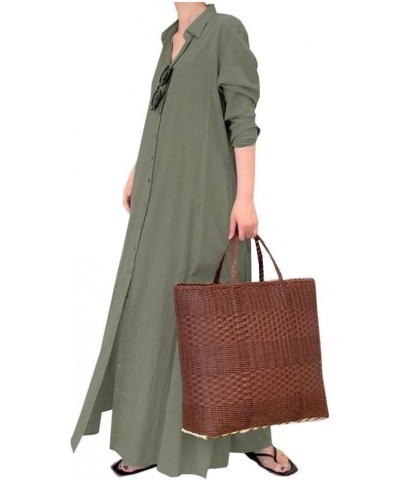 Cotton Linen Tunic Dress for Women Summer Button Down Roll Sleeve Casual Loose Long Blouse Maxi Dresses with Pockets Green $1...