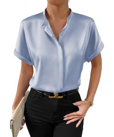 Women's Roll Up Short Sleeve Button Down Satin Shirt Blouse Top Light Blue $15.51 Blouses