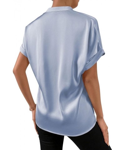 Women's Roll Up Short Sleeve Button Down Satin Shirt Blouse Top Light Blue $15.51 Blouses