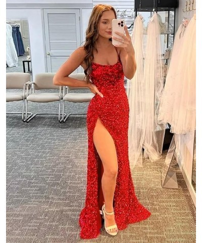 Spaghetti Straps Sequin Prom Dresses Long 2024 Sparkly Sexy Backless Mermaid Evening Gown with Slit Mint $42.89 Dresses