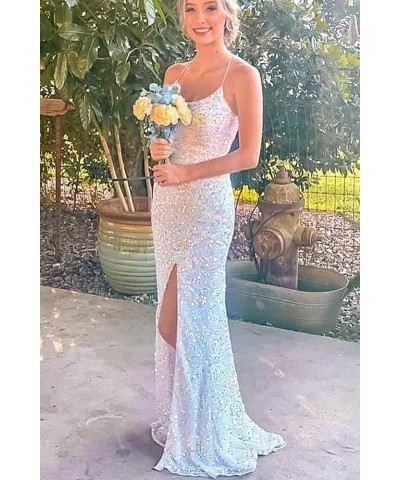 Spaghetti Straps Sequin Prom Dresses Long 2024 Sparkly Sexy Backless Mermaid Evening Gown with Slit Mint $42.89 Dresses