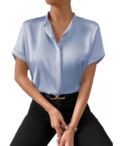 Women's Roll Up Short Sleeve Button Down Satin Shirt Blouse Top Light Blue $15.51 Blouses