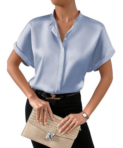 Women's Roll Up Short Sleeve Button Down Satin Shirt Blouse Top Light Blue $15.51 Blouses