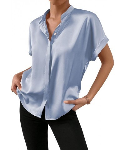 Women's Roll Up Short Sleeve Button Down Satin Shirt Blouse Top Light Blue $15.51 Blouses