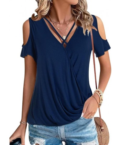 Womens Summer Cold Shoulder Tops Sexy Casual Short Sleeve Wrap V Neck T Shirts Cute Loose Fit Blouse Navy Blue $14.57 Blouses