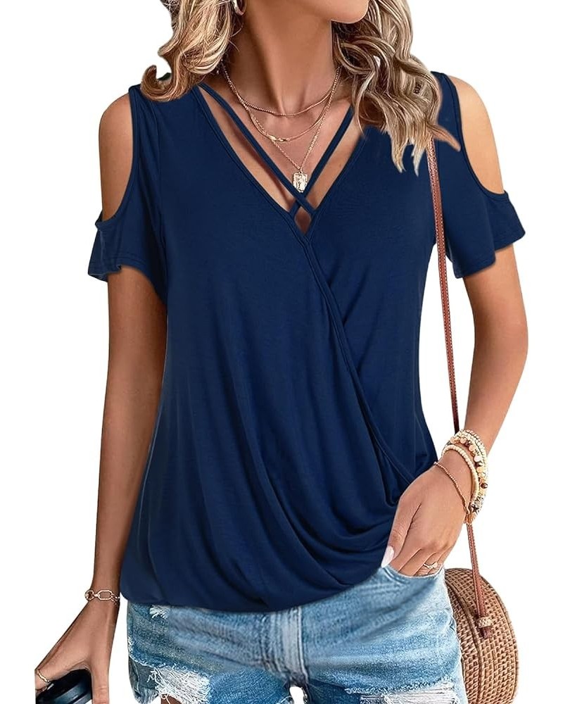 Womens Summer Cold Shoulder Tops Sexy Casual Short Sleeve Wrap V Neck T Shirts Cute Loose Fit Blouse Navy Blue $14.57 Blouses