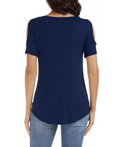 Womens Summer Cold Shoulder Tops Sexy Casual Short Sleeve Wrap V Neck T Shirts Cute Loose Fit Blouse Navy Blue $14.57 Blouses