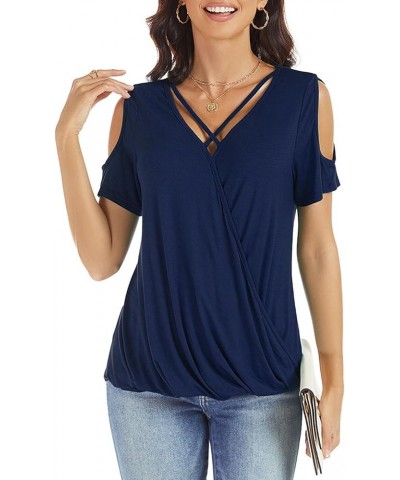 Womens Summer Cold Shoulder Tops Sexy Casual Short Sleeve Wrap V Neck T Shirts Cute Loose Fit Blouse Navy Blue $14.57 Blouses