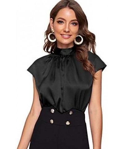 Women's Mock Neck Satin Silk Short Sleeve Shirt Tie Back Work Blouse Casual Top Solid Black $12.80 Blouses