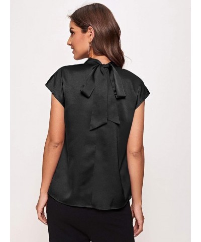 Women's Mock Neck Satin Silk Short Sleeve Shirt Tie Back Work Blouse Casual Top Solid Black $12.80 Blouses