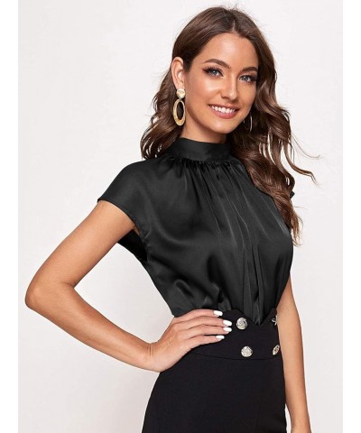 Women's Mock Neck Satin Silk Short Sleeve Shirt Tie Back Work Blouse Casual Top Solid Black $12.80 Blouses