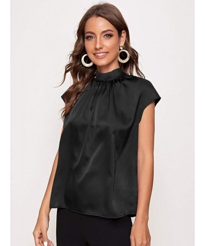 Women's Mock Neck Satin Silk Short Sleeve Shirt Tie Back Work Blouse Casual Top Solid Black $12.80 Blouses