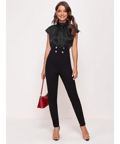 Women's Mock Neck Satin Silk Short Sleeve Shirt Tie Back Work Blouse Casual Top Solid Black $12.80 Blouses