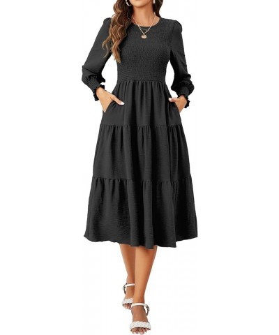 Women's Long Sleeve Casual Dresses Smocked Dress Round Neck High Waist Ruffle Tiered Midi Long Sleeve Dresses Aw831a2-black $...