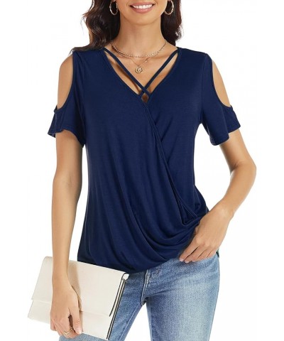 Womens Summer Cold Shoulder Tops Sexy Casual Short Sleeve Wrap V Neck T Shirts Cute Loose Fit Blouse Navy Blue $14.57 Blouses