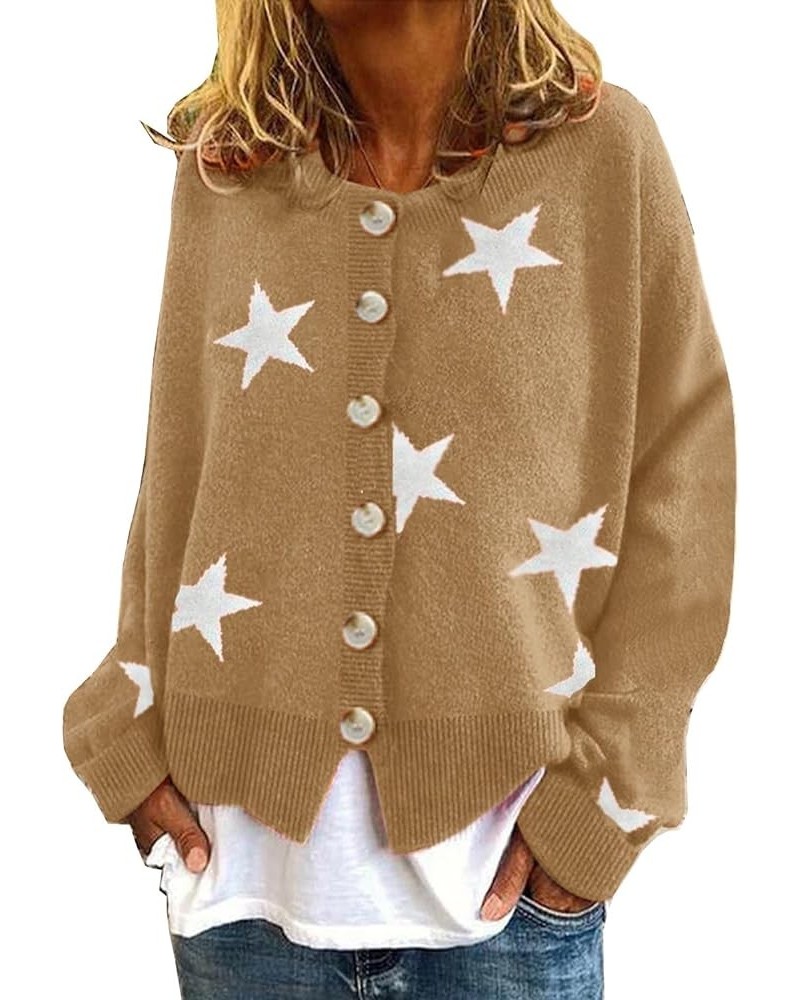 Women's Floral Print Cardigan Sweaters Long Sleeve V Neck Button Daisy Knit Cardigan Loose Cottagecore Sweater Top Stars-khak...