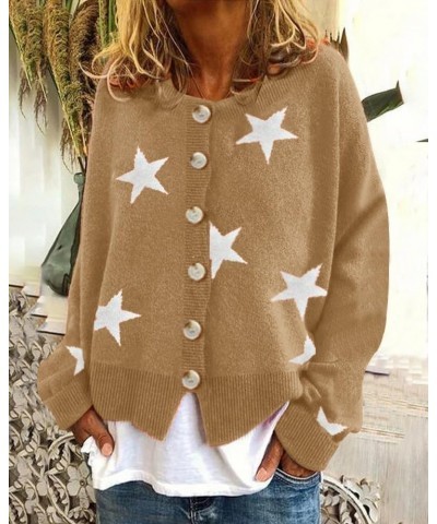 Women's Floral Print Cardigan Sweaters Long Sleeve V Neck Button Daisy Knit Cardigan Loose Cottagecore Sweater Top Stars-khak...