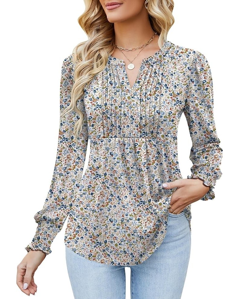 Women's Summer Puff Short/Long Sleeve Tops V Neck Pleated Shirts Floral Tunic Blouses Dressy Casual S-XXL Z-long Sleeve-white...