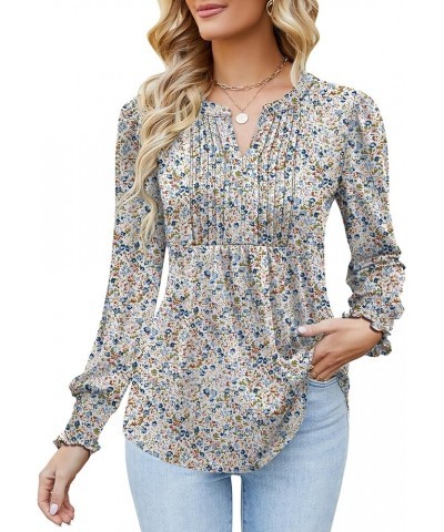 Women's Summer Puff Short/Long Sleeve Tops V Neck Pleated Shirts Floral Tunic Blouses Dressy Casual S-XXL Z-long Sleeve-white...