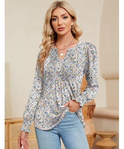 Women's Summer Puff Short/Long Sleeve Tops V Neck Pleated Shirts Floral Tunic Blouses Dressy Casual S-XXL Z-long Sleeve-white...