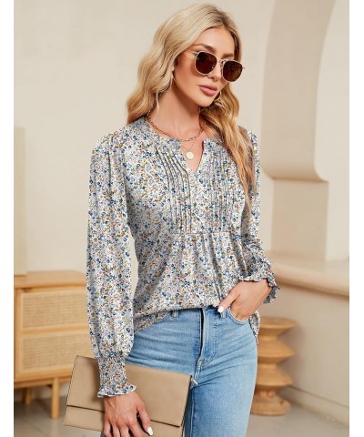 Women's Summer Puff Short/Long Sleeve Tops V Neck Pleated Shirts Floral Tunic Blouses Dressy Casual S-XXL Z-long Sleeve-white...