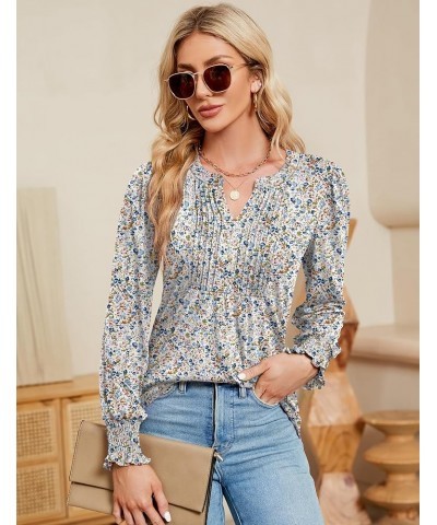 Women's Summer Puff Short/Long Sleeve Tops V Neck Pleated Shirts Floral Tunic Blouses Dressy Casual S-XXL Z-long Sleeve-white...