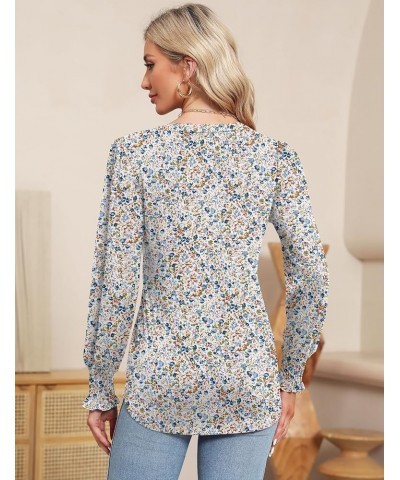 Women's Summer Puff Short/Long Sleeve Tops V Neck Pleated Shirts Floral Tunic Blouses Dressy Casual S-XXL Z-long Sleeve-white...