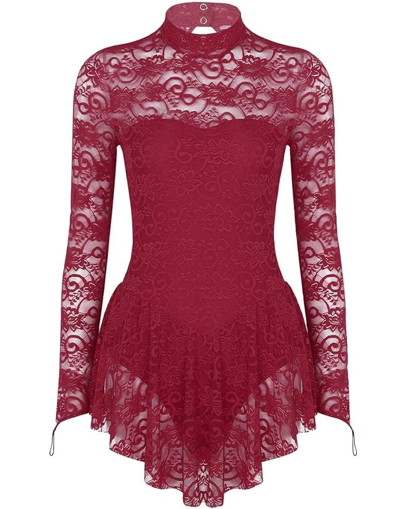 Lyrical Women's Adult Figure Ice Skating Dress Long Sleeves Spandex Gymnastics Leotard Lace Burgundy $11.38 Dresses