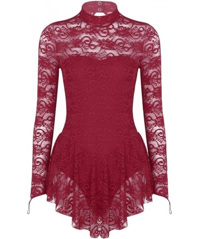 Lyrical Women's Adult Figure Ice Skating Dress Long Sleeves Spandex Gymnastics Leotard Lace Burgundy $11.38 Dresses