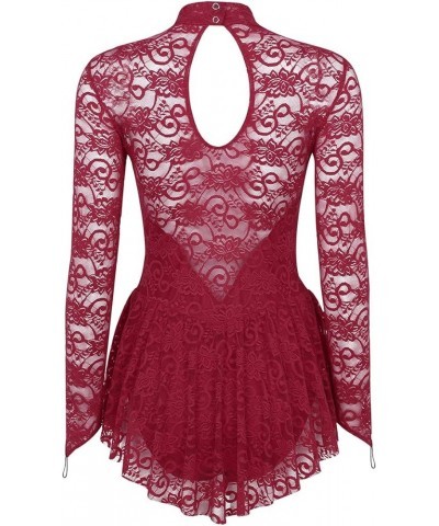 Lyrical Women's Adult Figure Ice Skating Dress Long Sleeves Spandex Gymnastics Leotard Lace Burgundy $11.38 Dresses